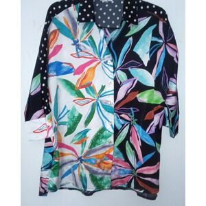 Paris Hue Sz L Womens Floral Artsy Top Button Up 3/4 Sleeve Blouse